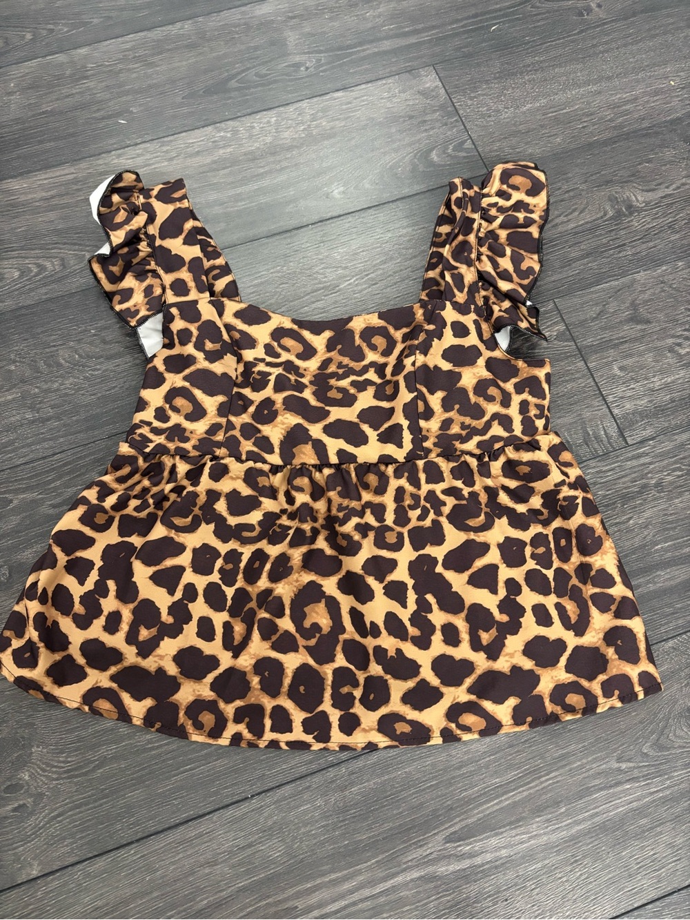 Leopard Print Ruffle Strap Peplum Top - Brown Black